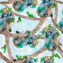 Load image into Gallery viewer, koala bears blue watercolor paint floral trees turquoise 3 wishes fabric
