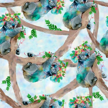 koala bears blue watercolor paint floral trees turquoise 3 wishes fabric
