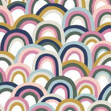 Load image into Gallery viewer, Paintbrush Studio - Rainbows - White, Pink, and Navy - 1/2 YARD CUT - Dreaming of the Sea Fabrics
